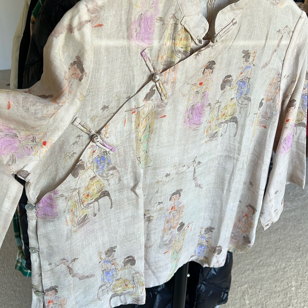 LINEN Oriental Mandarin Cropped Top Ancient Design